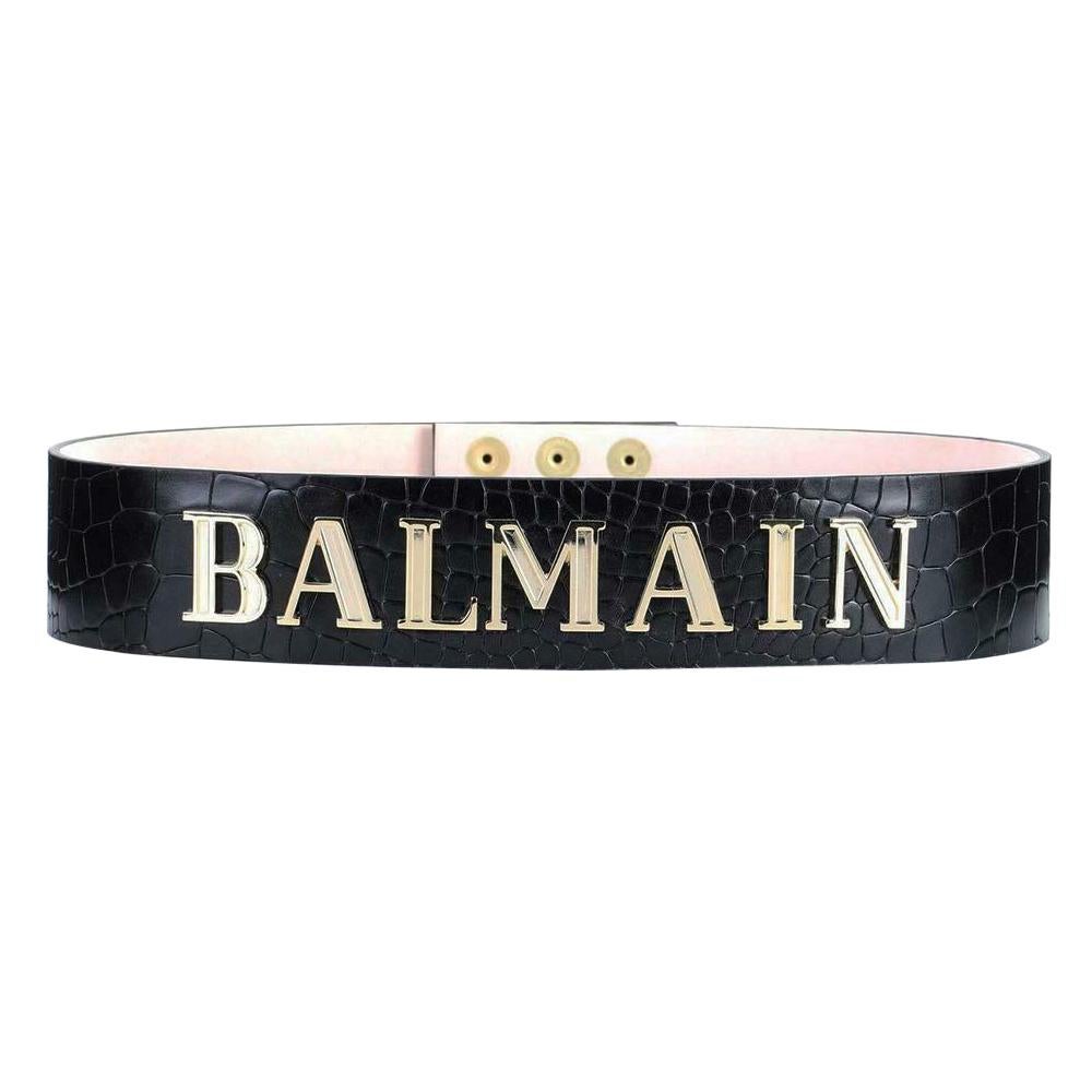 Balmain Logo Embellished Croc Embossed Leather Waist Belt