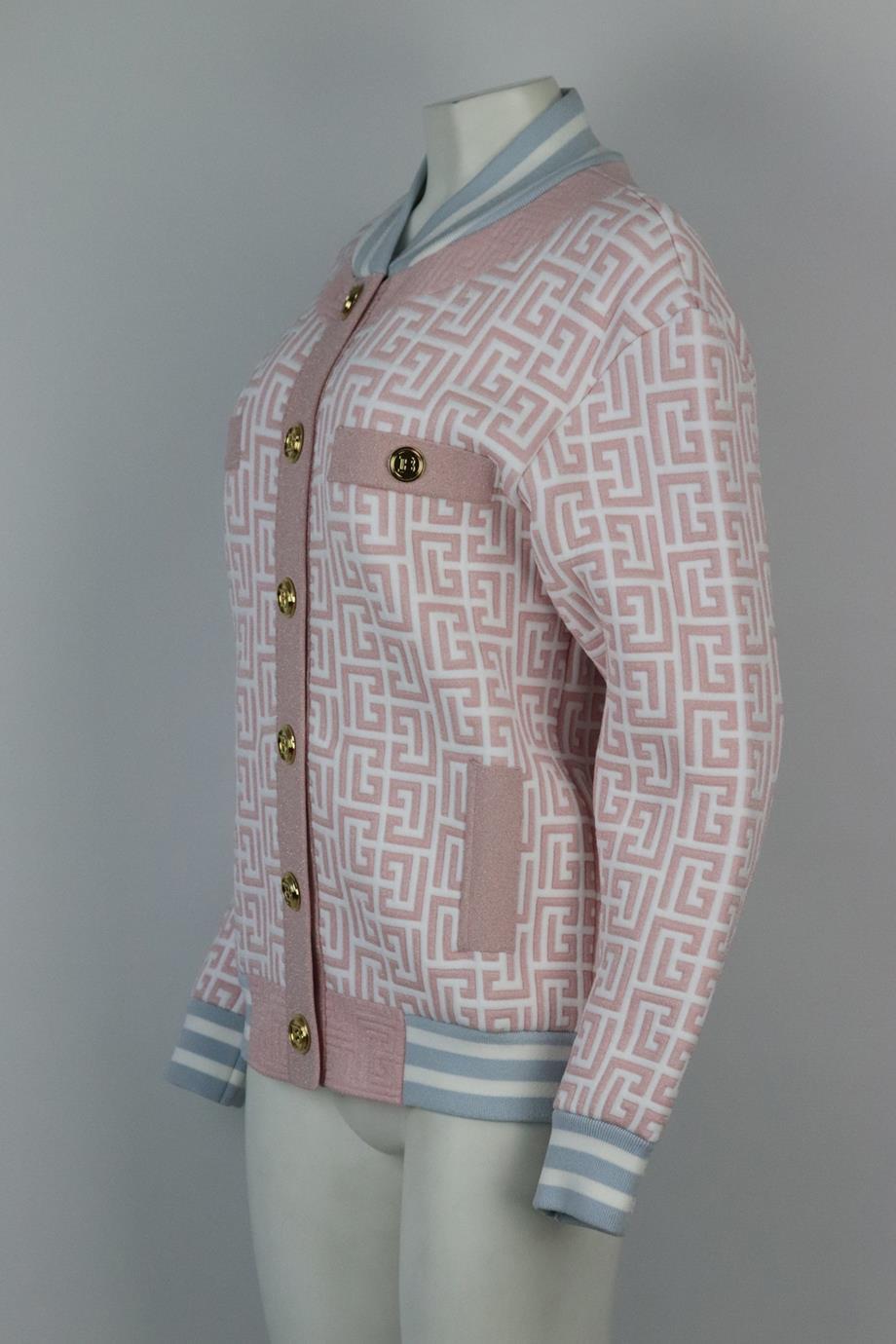 Gray Balmain Logo Jacquard Stretch Knit Bomber Jacket Fr 38 Uk 10