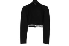 Balmain Logo Tape Long Sleeve Crop Top FR 44 Black White Viscose Long Sleeve