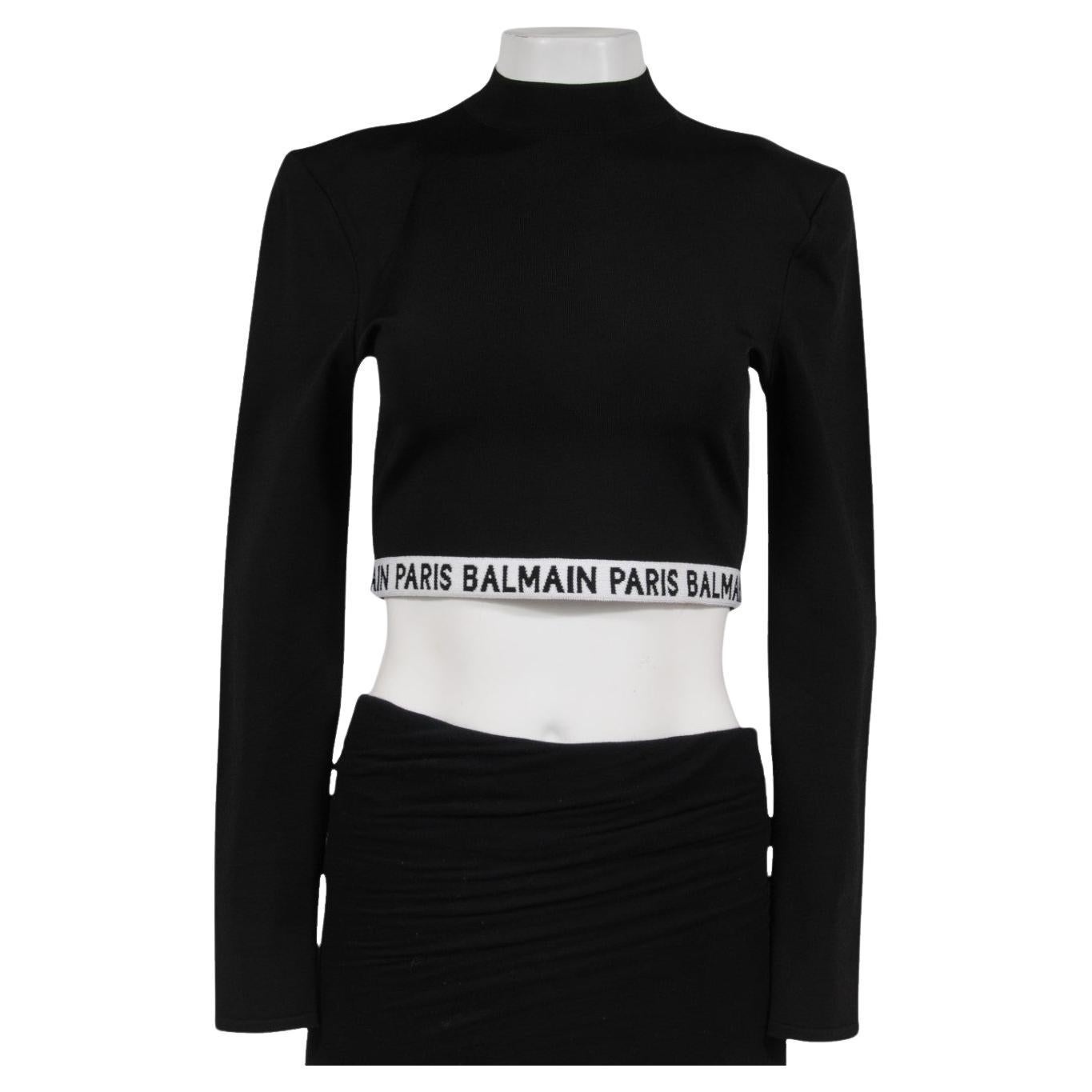 Balmain Logo Tape Long Sleeve Crop Top FR 44 Black White Viscose Long Sleeve