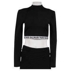 Balmain Logo Tape Long Sleeve Crop Top FR 44 Black White Viscose Long Sleeve