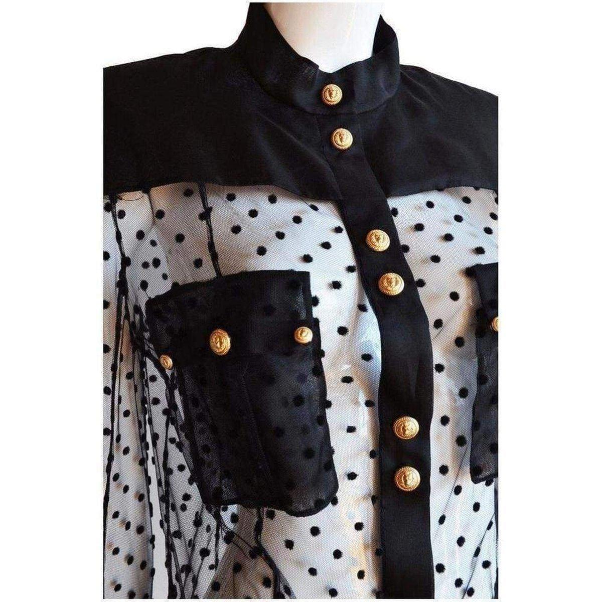 Balmain Langärmeliges schwarzes gepunktetes Seidenhemd FR40 Damen im Angebot