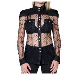 Balmain Langärmeliges schwarzes gepunktetes Seidenhemd FR40