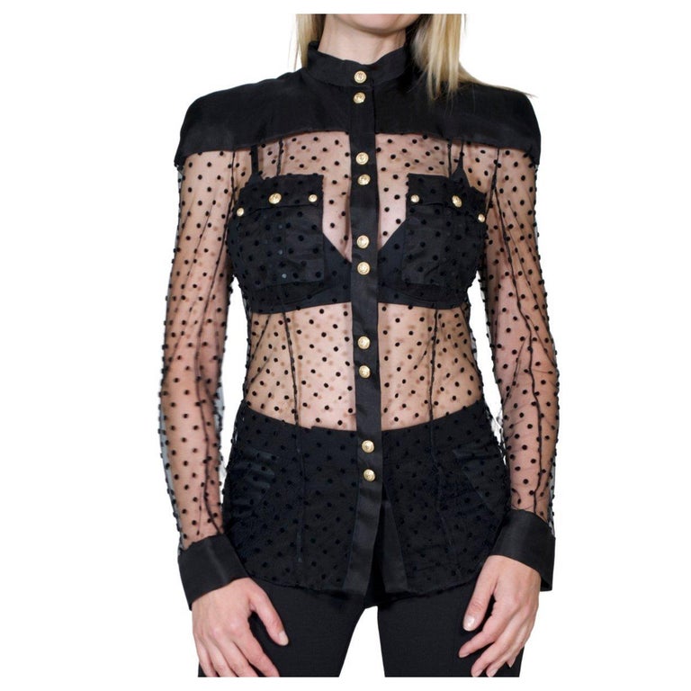 Chemise Balmain à manches longues en soie noire à pois FR40 En