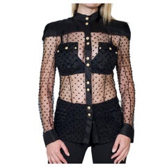 Balmain Langärmeliges schwarzes gepunktetes Seidenhemd FR42