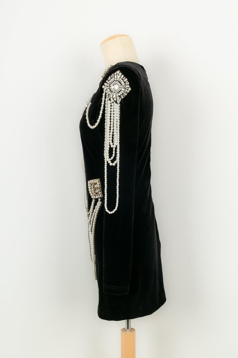 Women's Balmain Long-Sleeved Short Jewelry Dress in Black Velvet