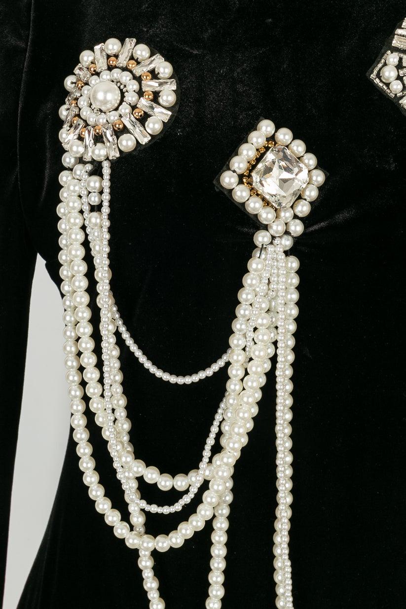 Balmain Long-Sleeved Short Jewelry Dress in Black Velvet 1