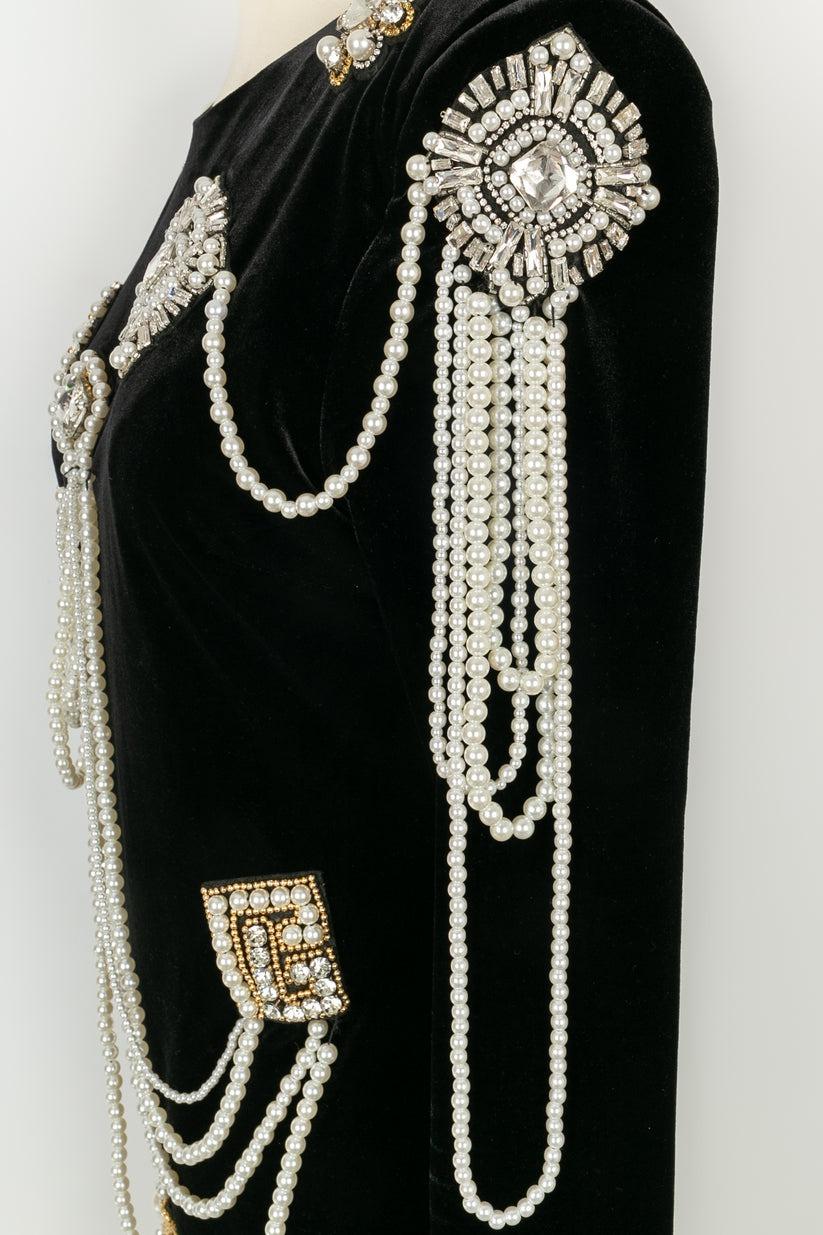 Balmain Long-Sleeved Short Jewelry Dress in Black Velvet 2