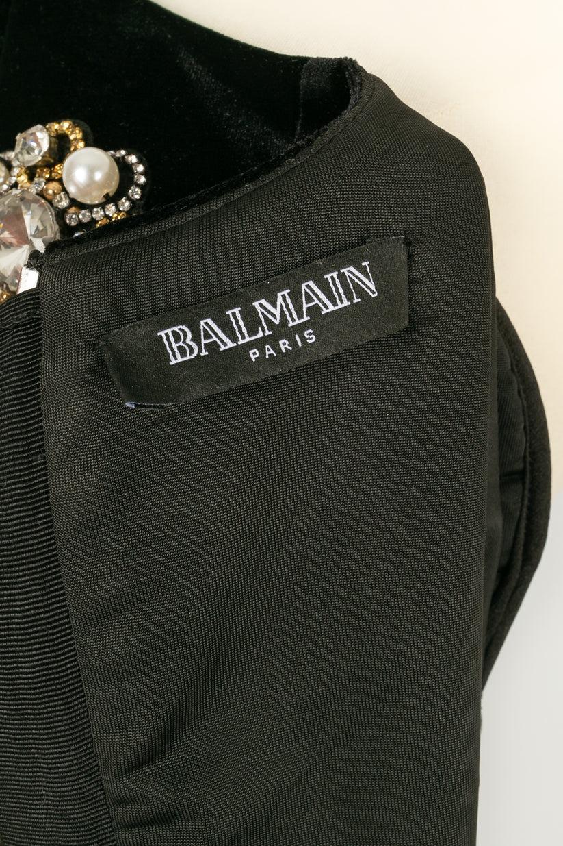 Balmain Long-Sleeved Short Jewelry Dress in Black Velvet 4