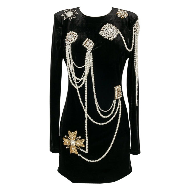 Balmain Long-Sleeved Short Jewelry Dress in Black Velvet at 1stDibs