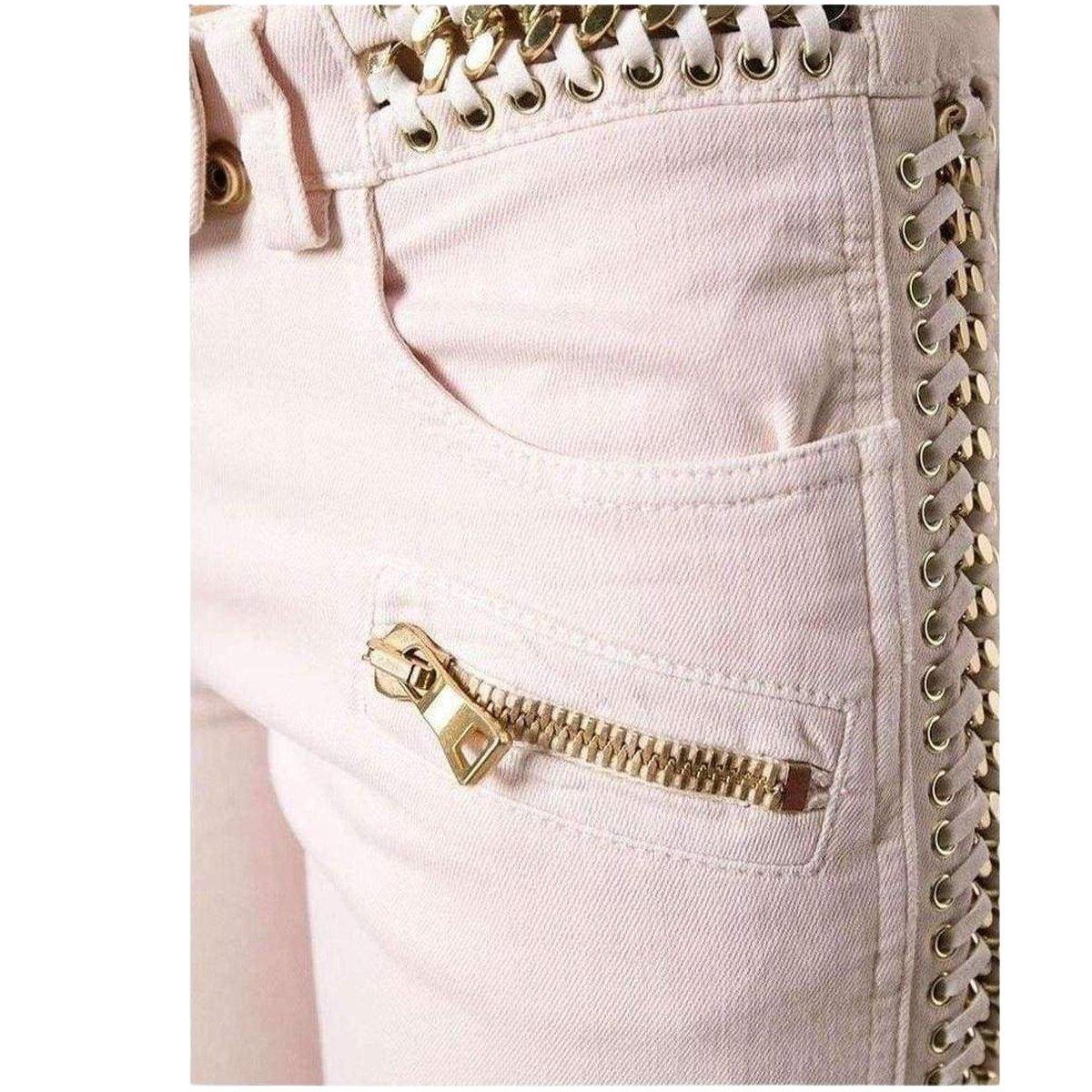 Rose pink stretch cotton lace and chain jeans from Balmain
Skinny fit
Concealed front fastening
Five pocket design
Front zip pocket
Gold-tone chain and lace detailing. 
Composition: Cotton 98%, Spandex/Elastane 2% 
Hand Wash 
Made in Italy 

Size 40