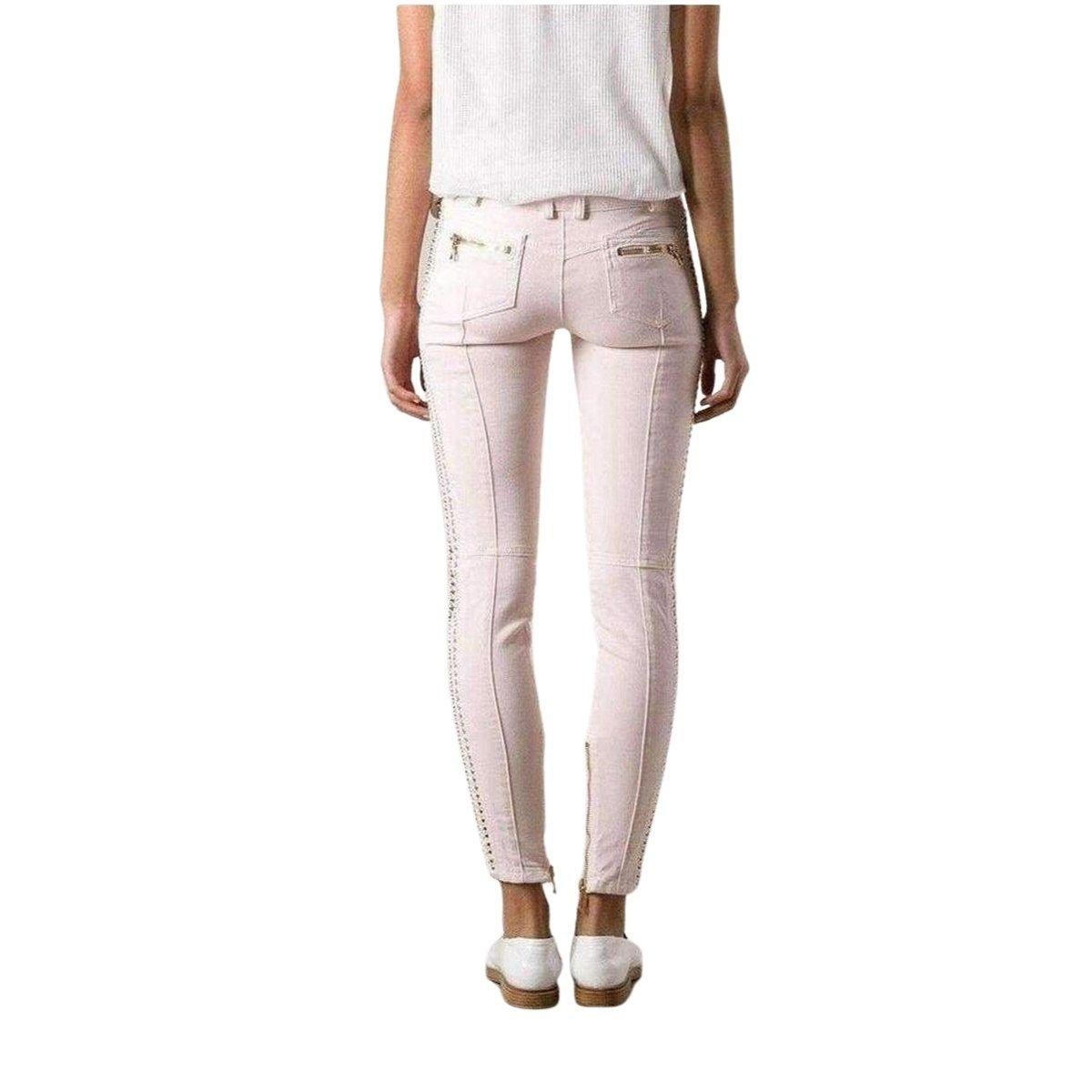 Beige Balmain Low Rise Lace Chains Biker Jeans For Sale