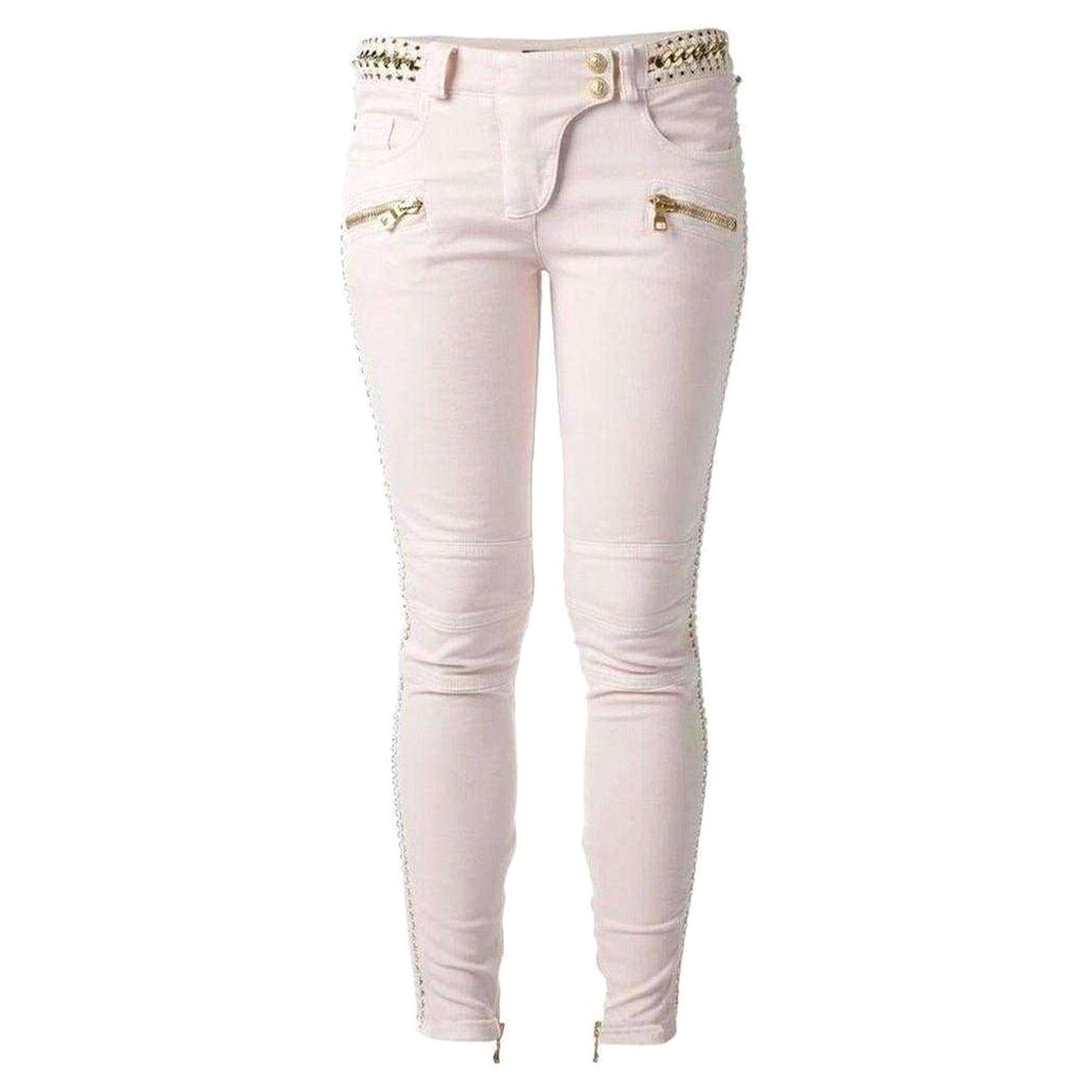 Jeans Balmain Biker a vita bassa con catene di pizzo