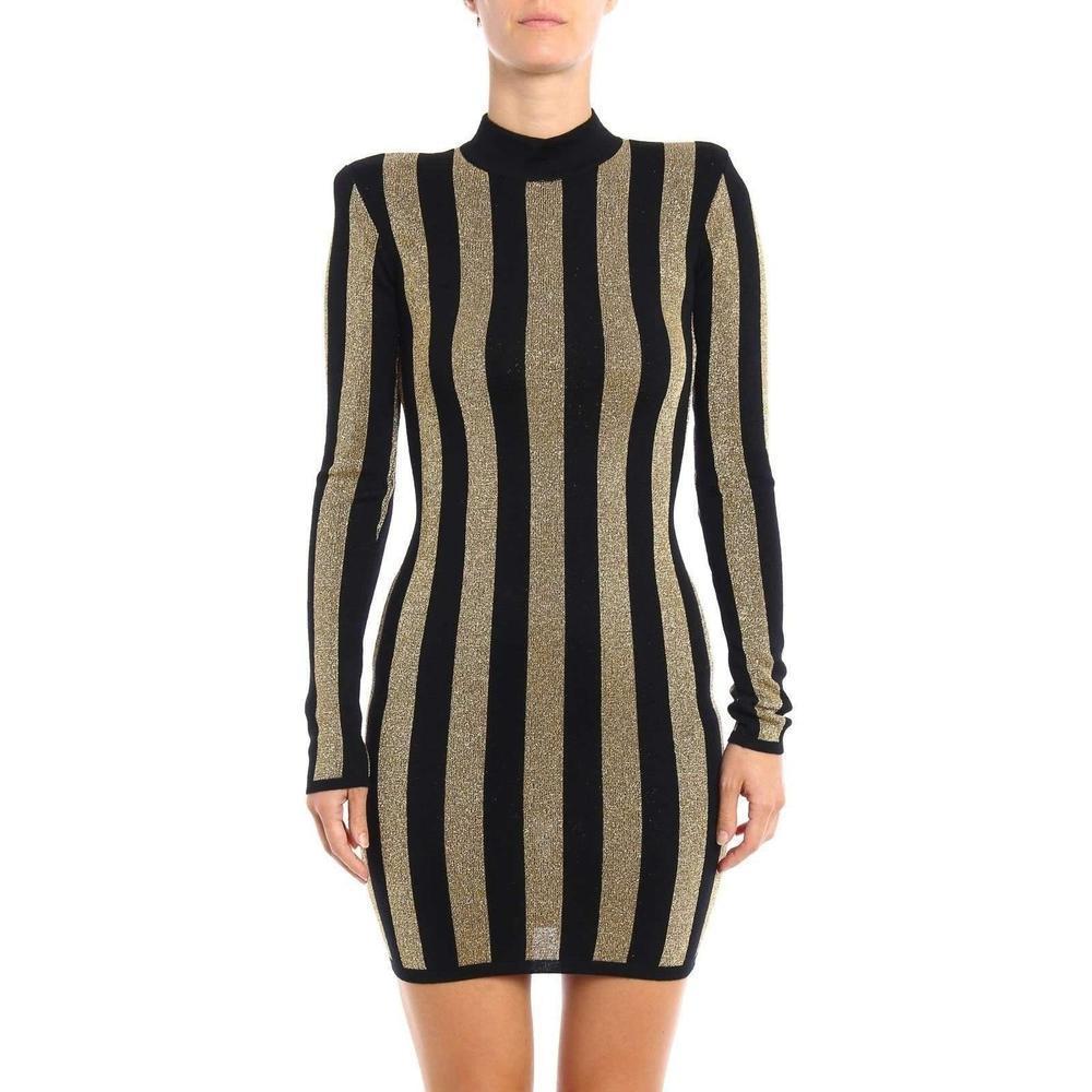 Women's NEW Balmain Lurex Gold Black Striped Pattern Mini Dress US 2 For Sale