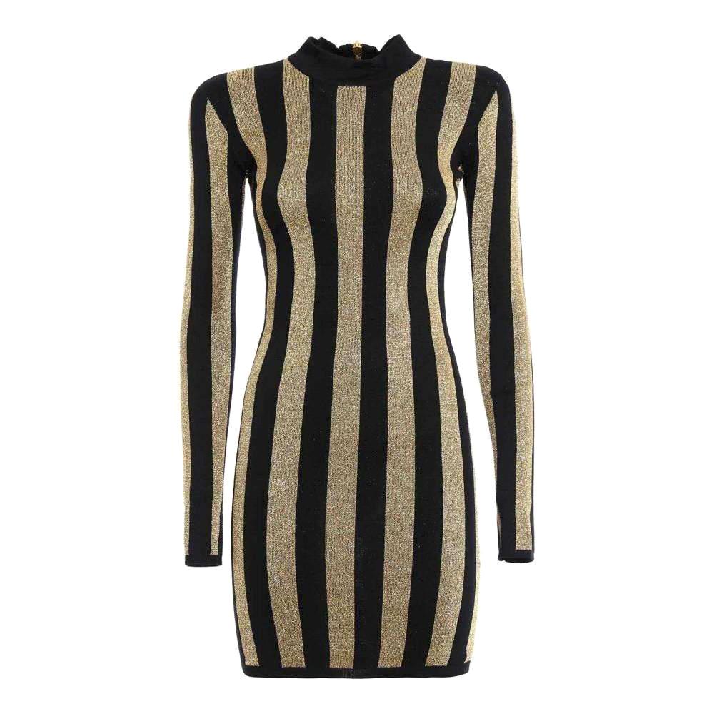 NEW Balmain Lurex Gold Black Striped Pattern Mini Dress US 2 For Sale