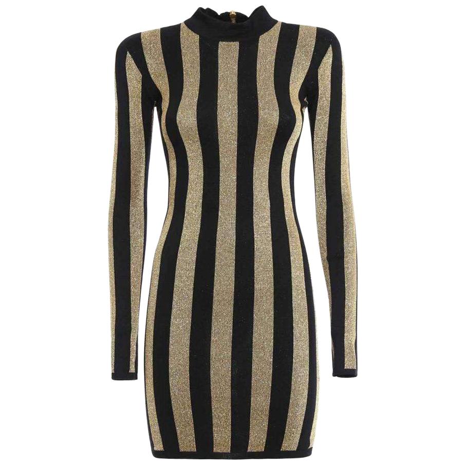 Balmain Lurex Gold Black Striped Pattern Mini Dress For Sale at 1stDibs