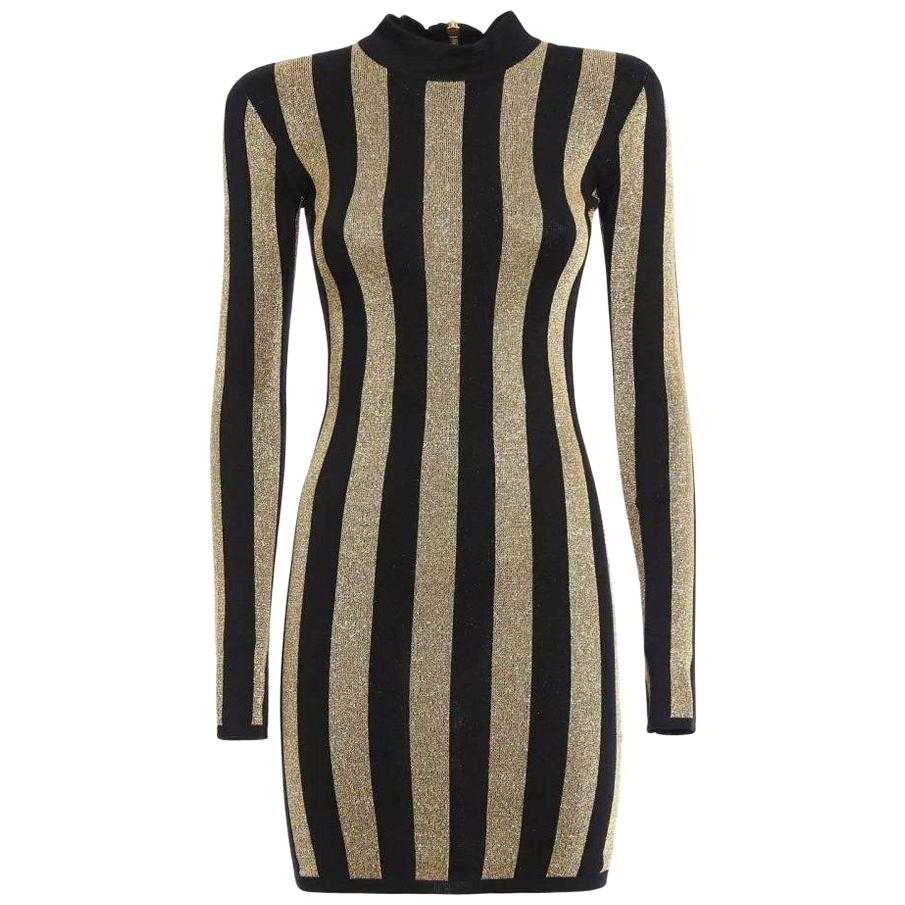 Balmain Lurex Gold Black Striped Pattern Mini Dress For Sale