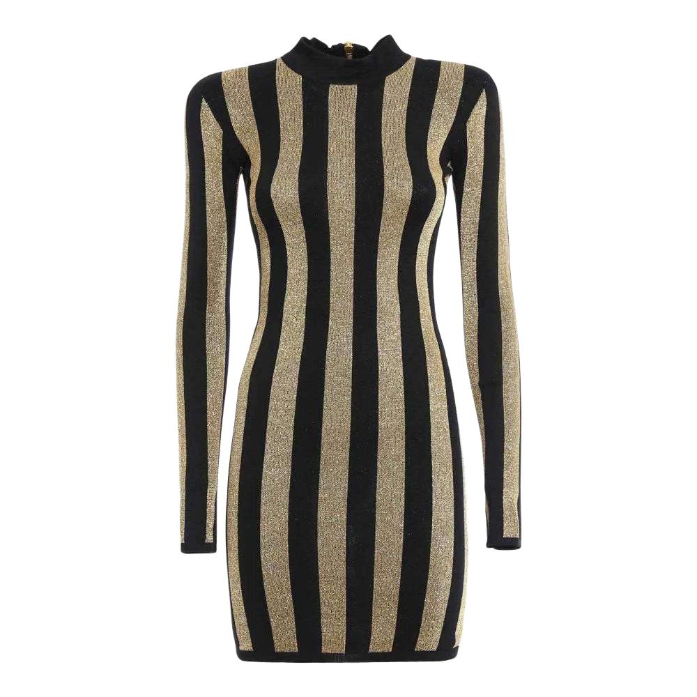 Balmain Lurex Gold Black Striped Pattern Mini Dress For Sale