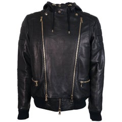 Balmain Men's Black Lambskin Zippered Hooded Biker Jacket