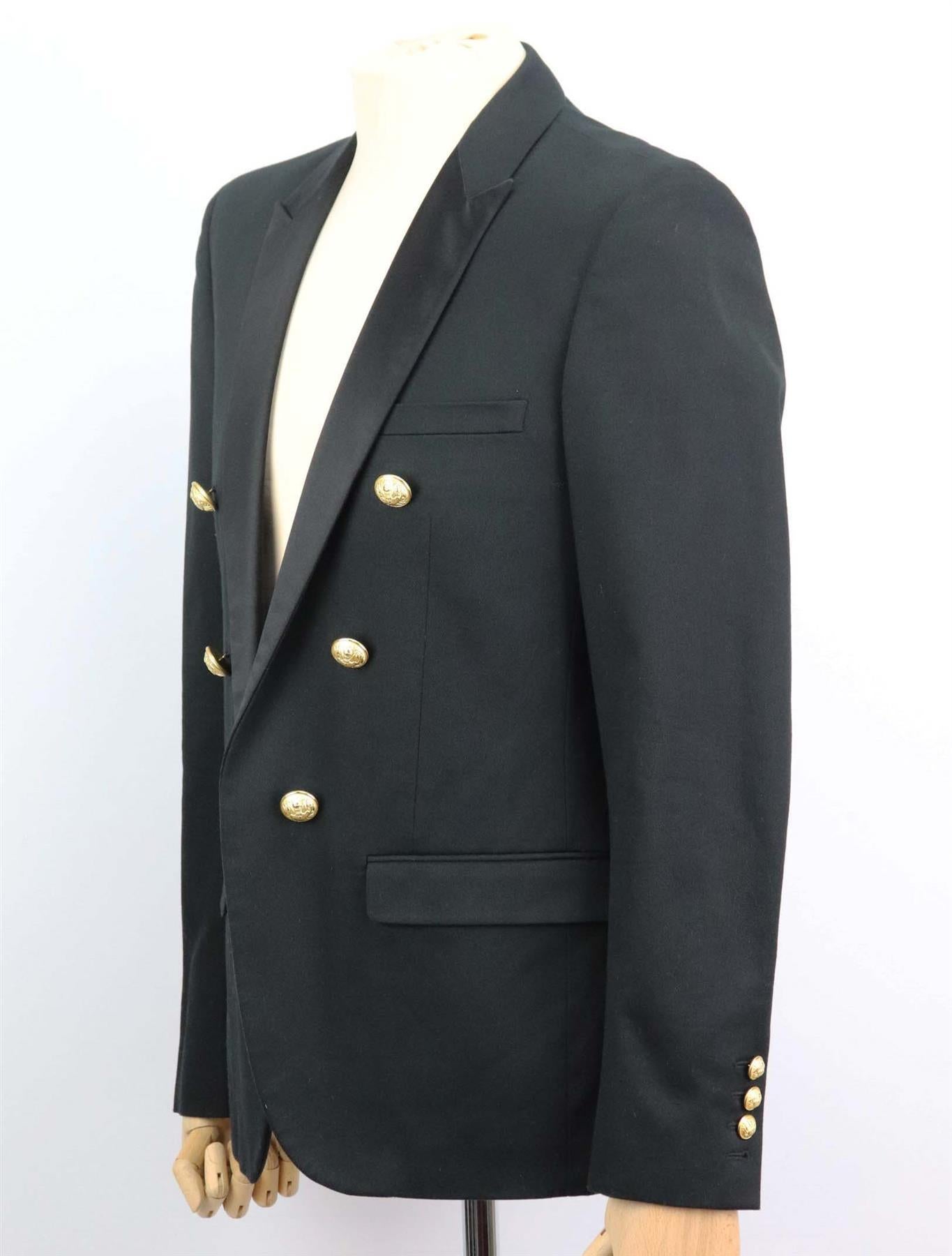 This men's jacket by Balmain is the perfect example of how tailoring should look, it's cut in a double-breasted slim fit cut with strong shoulders and the brand’s iconic gold-tone buttons. Black cotton-blend, black satin. Slip on. 97% Cotton, 3%