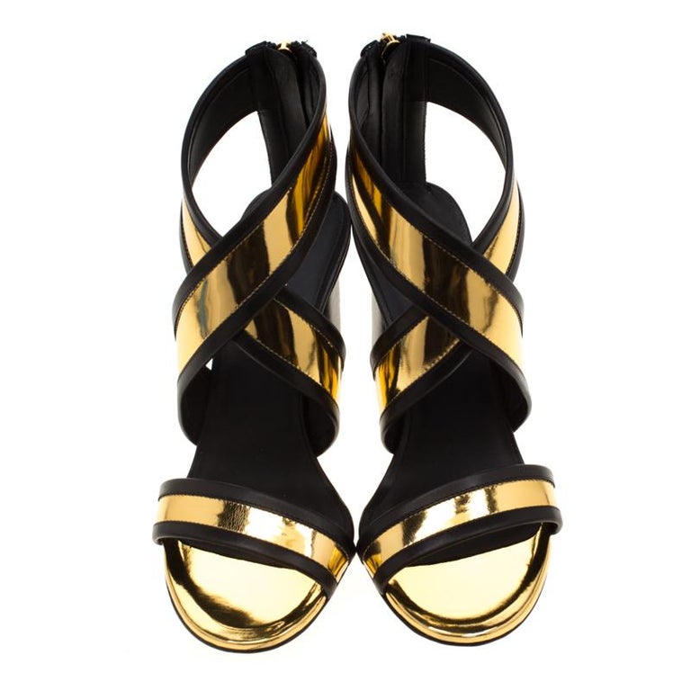 Balmain Metallic Gold And Black Leather Cross Strap Block Heel Sandals ...