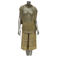 Balmain Metallic Gold Open Knit Top & Bermuda Shorts Set FR 36