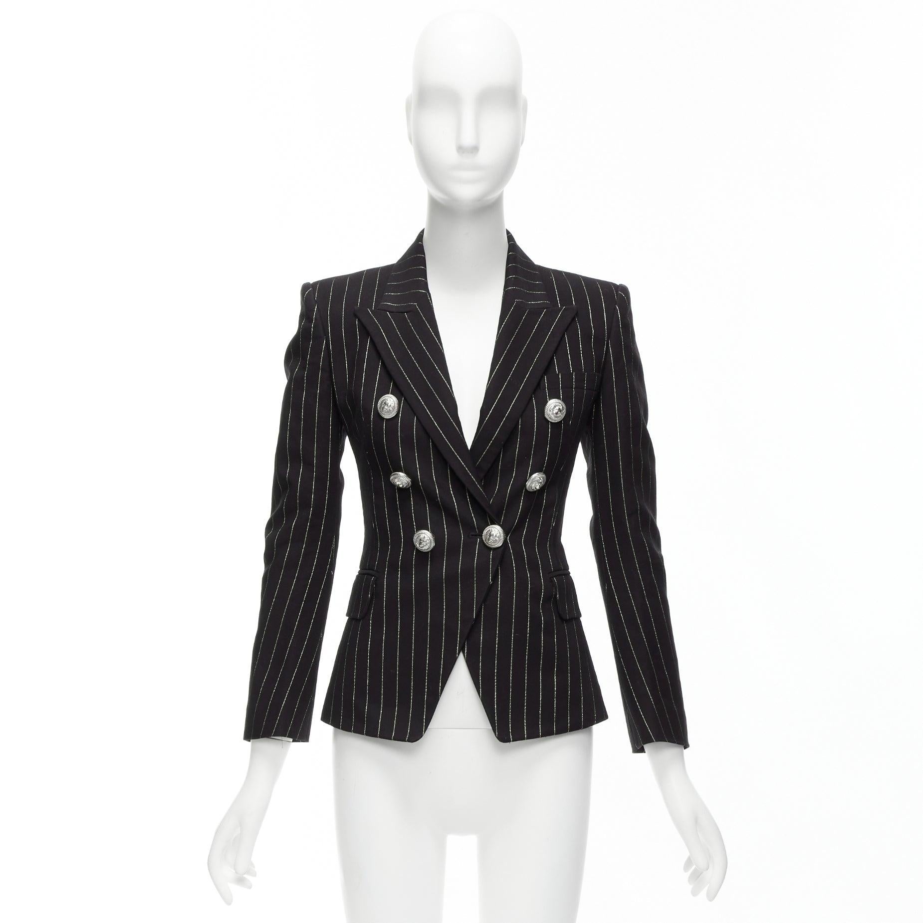 BALMAIN metallic gold striped black cotton blend double breasted blazer FR34 XS For Sale 6