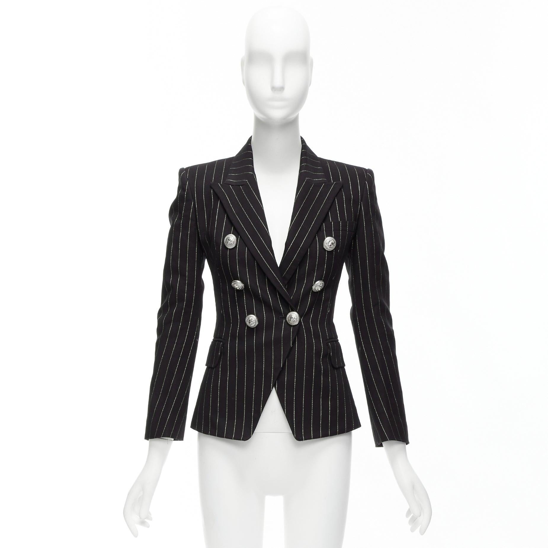 BALMAIN metallic gold striped black cotton blend double breasted blazer FR34 XS For Sale 5