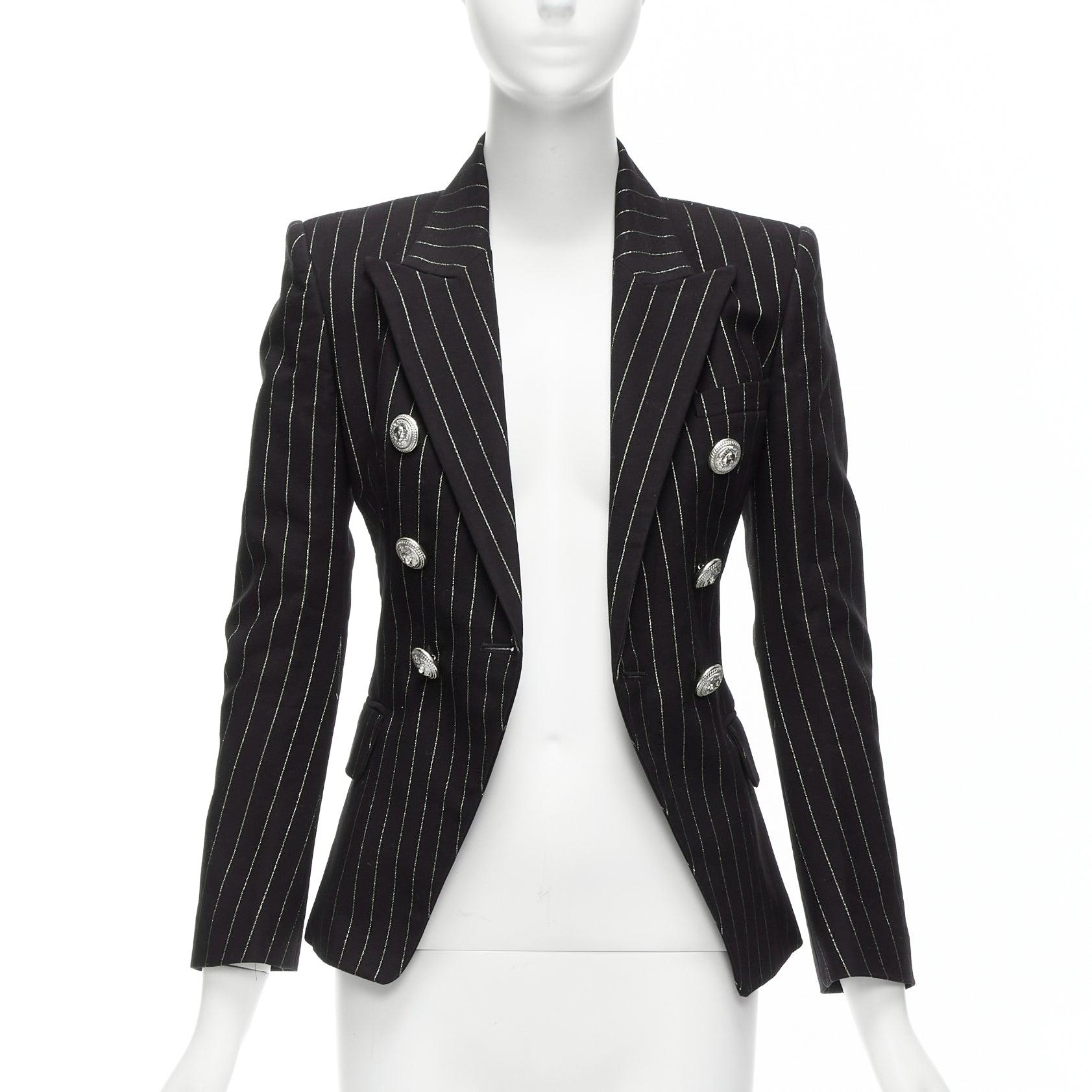 BALMAIN metallic gold striped black cotton blend double breasted blazer FR34 XS In Excellent Condition For Sale In Hong Kong, NT