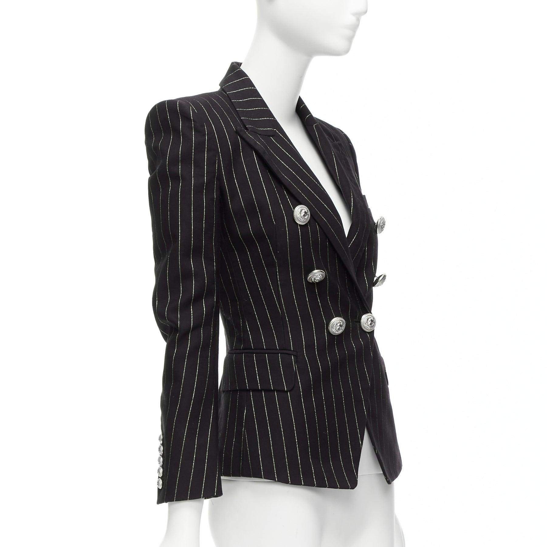 Black BALMAIN metallic gold striped black cotton blend double breasted blazer FR34 XS For Sale