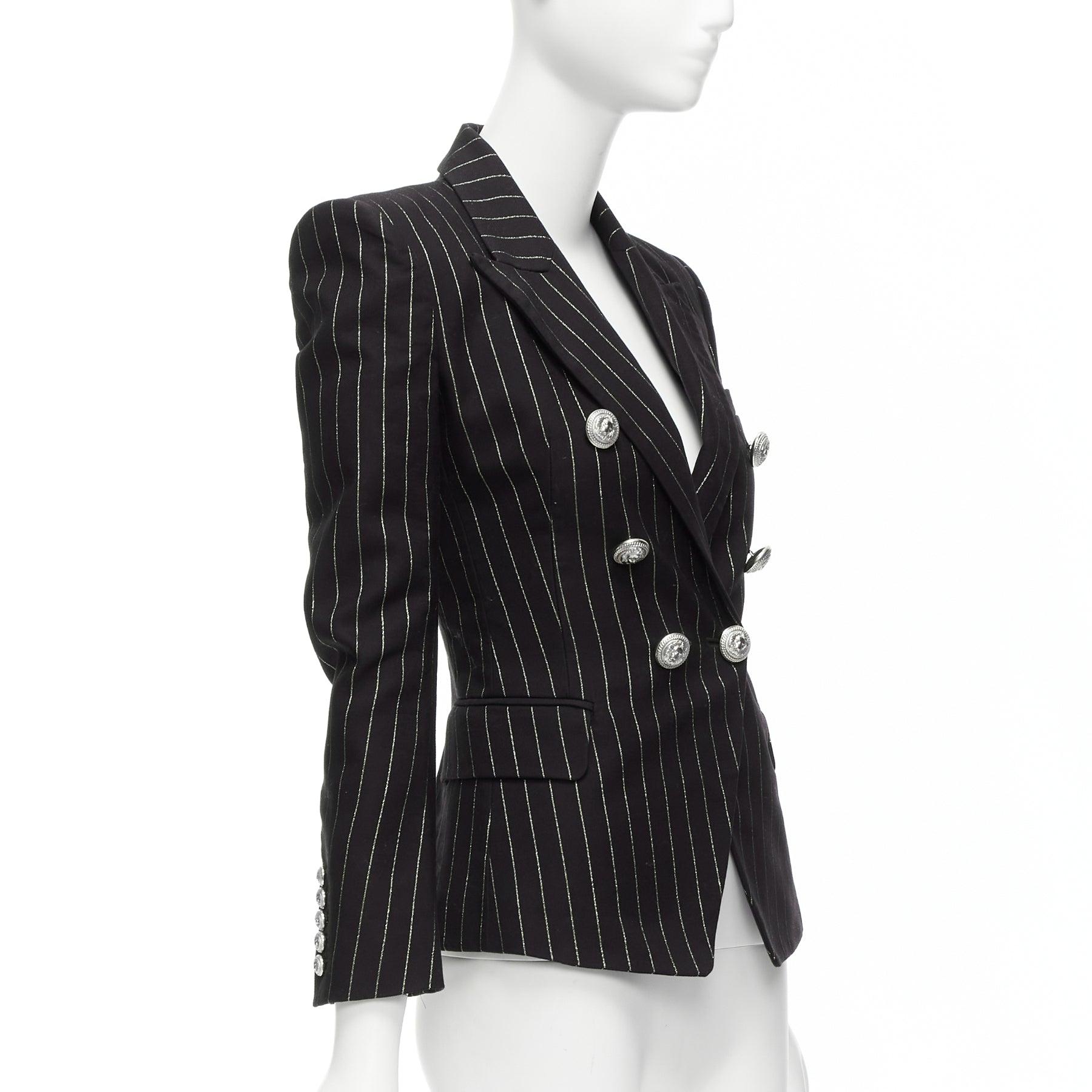 Women's BALMAIN metallic gold striped black cotton blend double breasted blazer FR34 XS For Sale