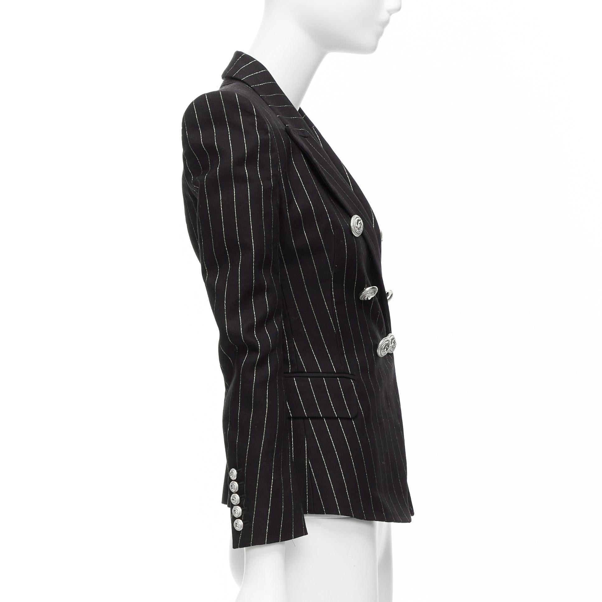 Women's BALMAIN metallic gold striped black cotton blend double breasted blazer FR34 XS For Sale