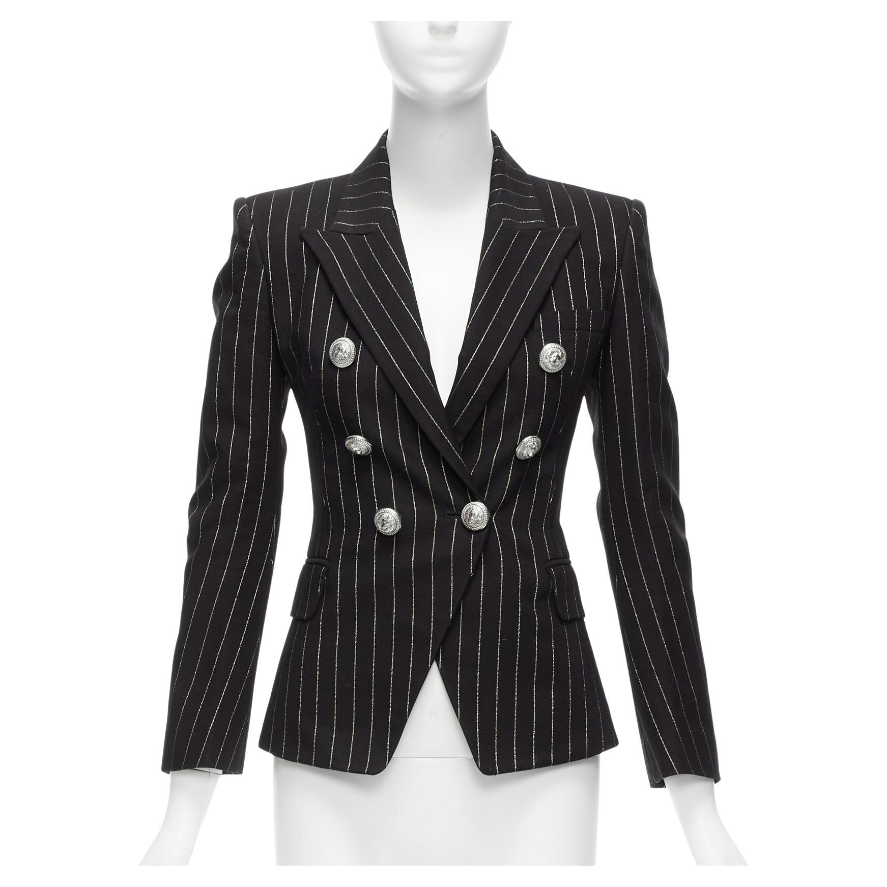 BALMAIN metallic gold striped black cotton blend double breasted blazer FR34 XS For Sale