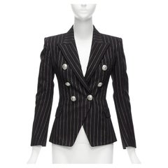 BALMAIN Metallic Gold gestreifter schwarzer doppelreihiger Blazer aus Baumwollmischung FR34 XS