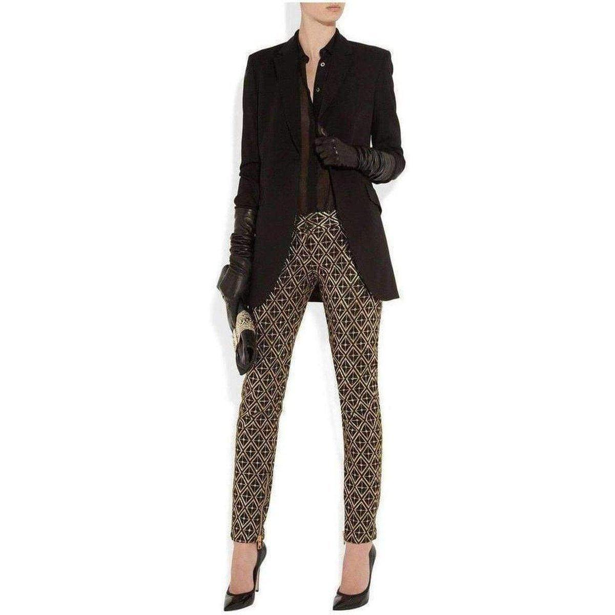 Black Metallic Jacquard Pants Black and gold jacquard
Zipped side slit pockets
Snap-fastening back pockets
Zipped cuffs concealed hook
Zip fastenings at front 
45% acrylic, 37% wool, 7% polyester, 7% silk, 4% polyamide
Dry clean. 
Model: 5935