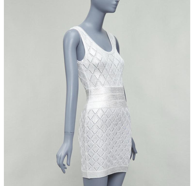 Silver BALMAIN metallic silver coated cream argyle knit mini dress FR34 XS For Sale