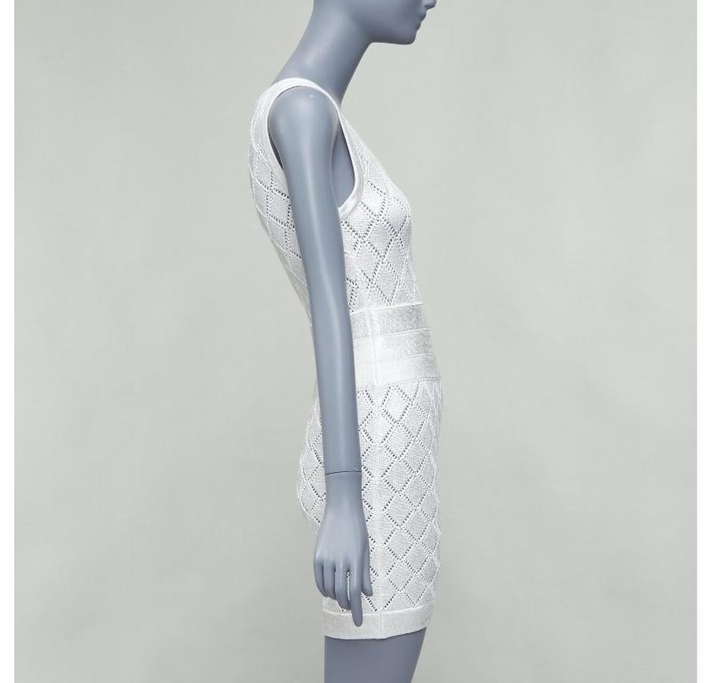 BALMAIN metallic silver coated cream argyle knit mini dress FR34 XS In Excellent Condition For Sale In Hong Kong, NT