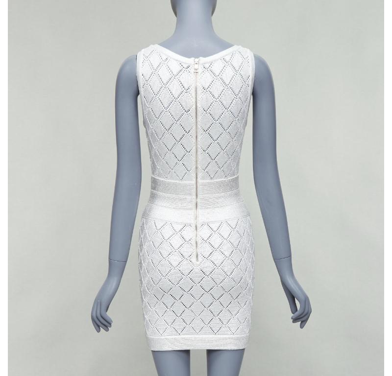 Women's BALMAIN metallic silver coated cream argyle knit mini dress FR34 XS For Sale