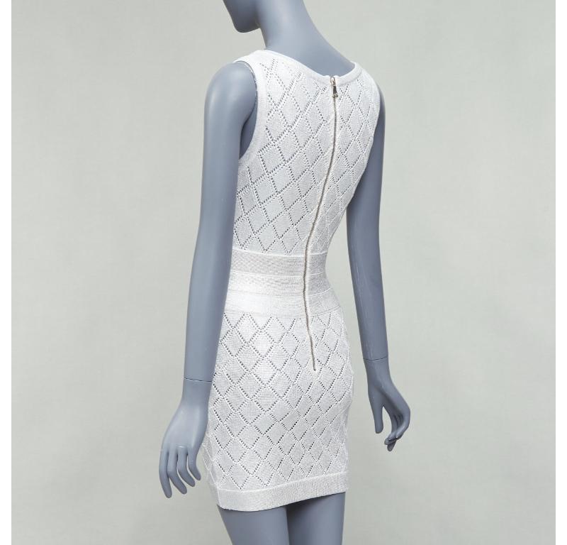 BALMAIN metallic silver coated cream argyle knit mini dress FR34 XS For Sale 1
