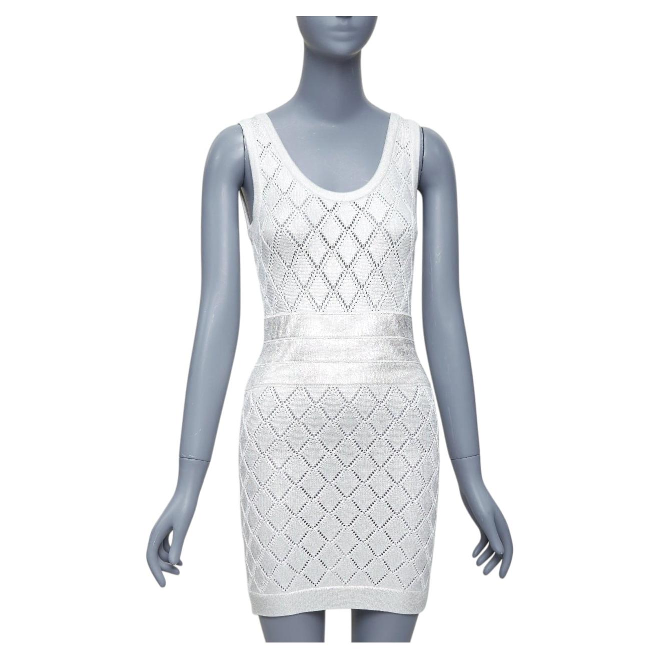 Pre-owned Balmain Metallic Silver Coated Cream Argyle Knit Mini Dress Fr34 Xs In White