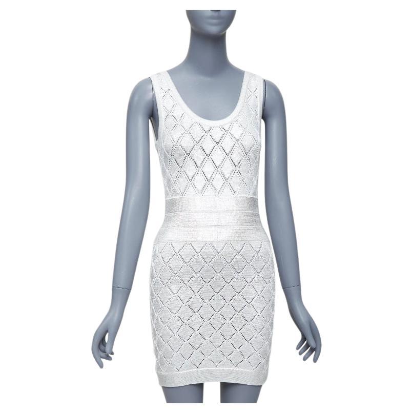 BALMAIN metallic silver coated cream argyle knit mini dress FR34 XS For Sale