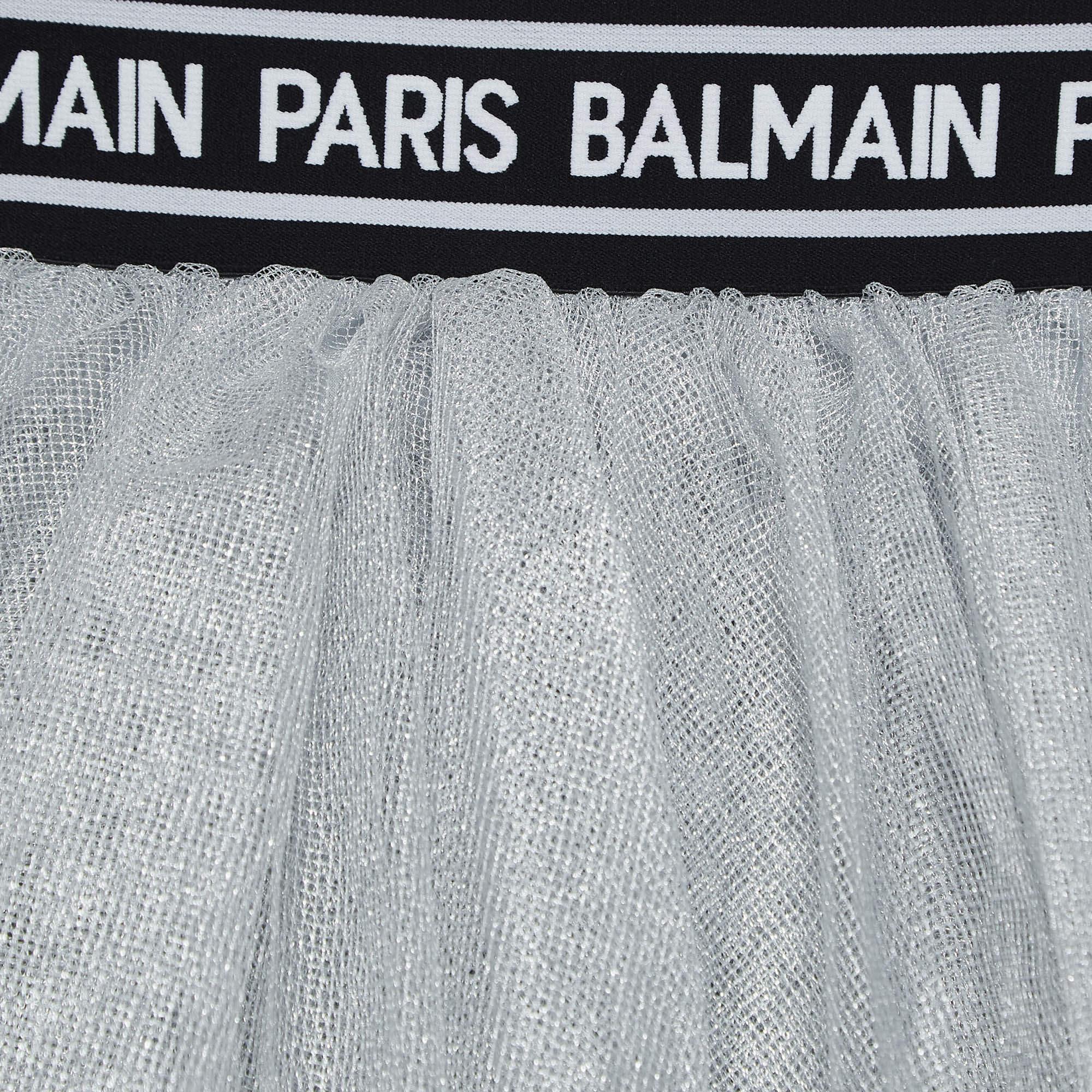 Balmain Metallic Silver Tulle Tiered Skirt (10 Yrs) In Excellent Condition For Sale In Dubai, Al Qouz 2