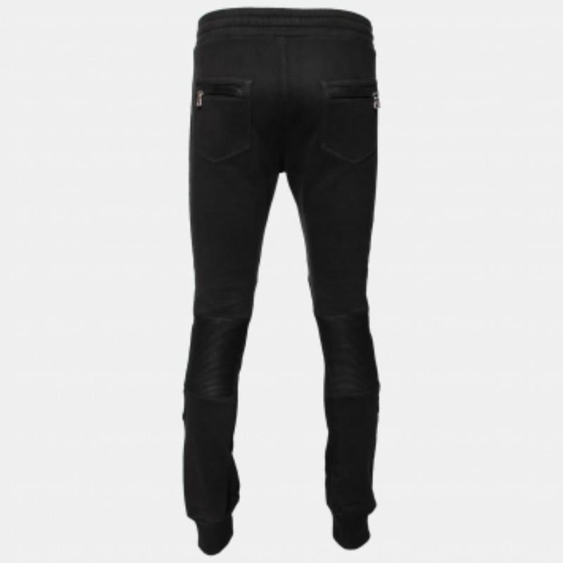 Balmain Joggers de algodón y piel azul medianoche con detalle de parche L Negro en venta