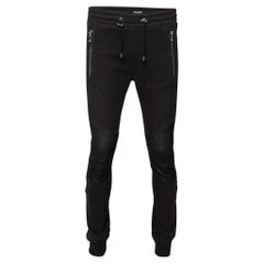 Balmain - Joggers en coton et cuir bleu nuit avec patch, taille L