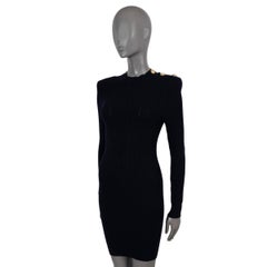 BALMAIN midnight blue wool 2018 BUTTONED NECK RIB-KNIT Dress 38 S