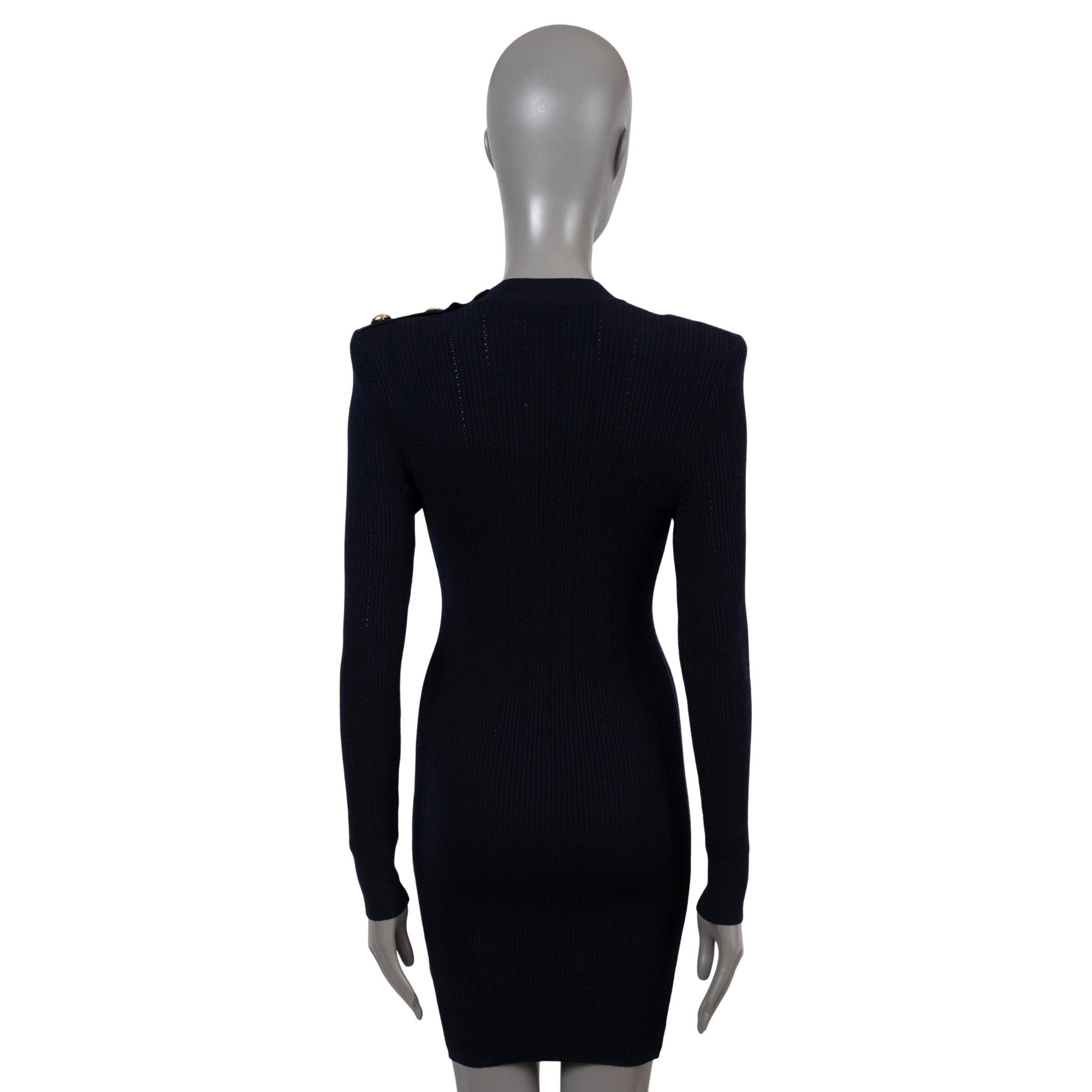 Black BALMAIN midnight blue wool 2018 BUTTONED NECK RIB-KNIT Dress 38 S For Sale
