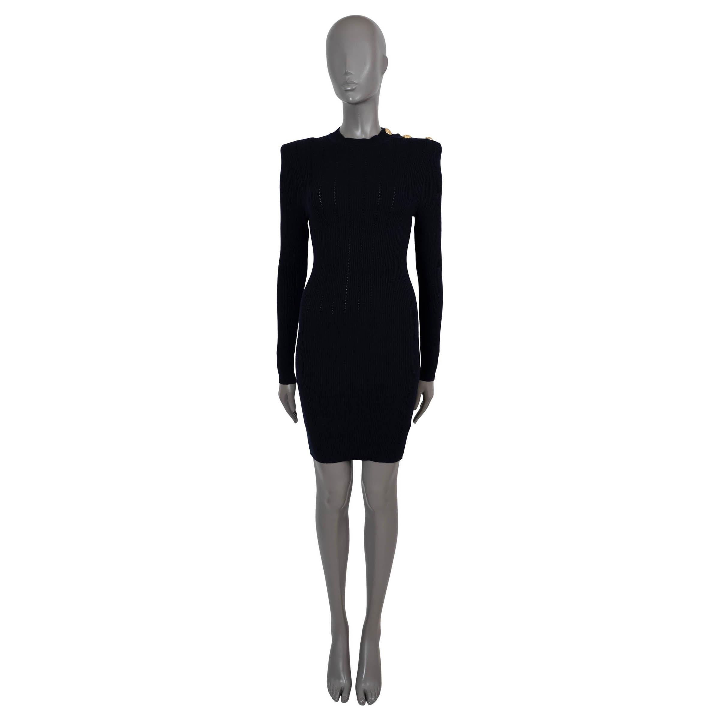 BALMAIN midnight blue wool 2018 BUTTONED NECK RIB-KNIT Dress 38 S In Excellent Condition For Sale In Zürich, CH