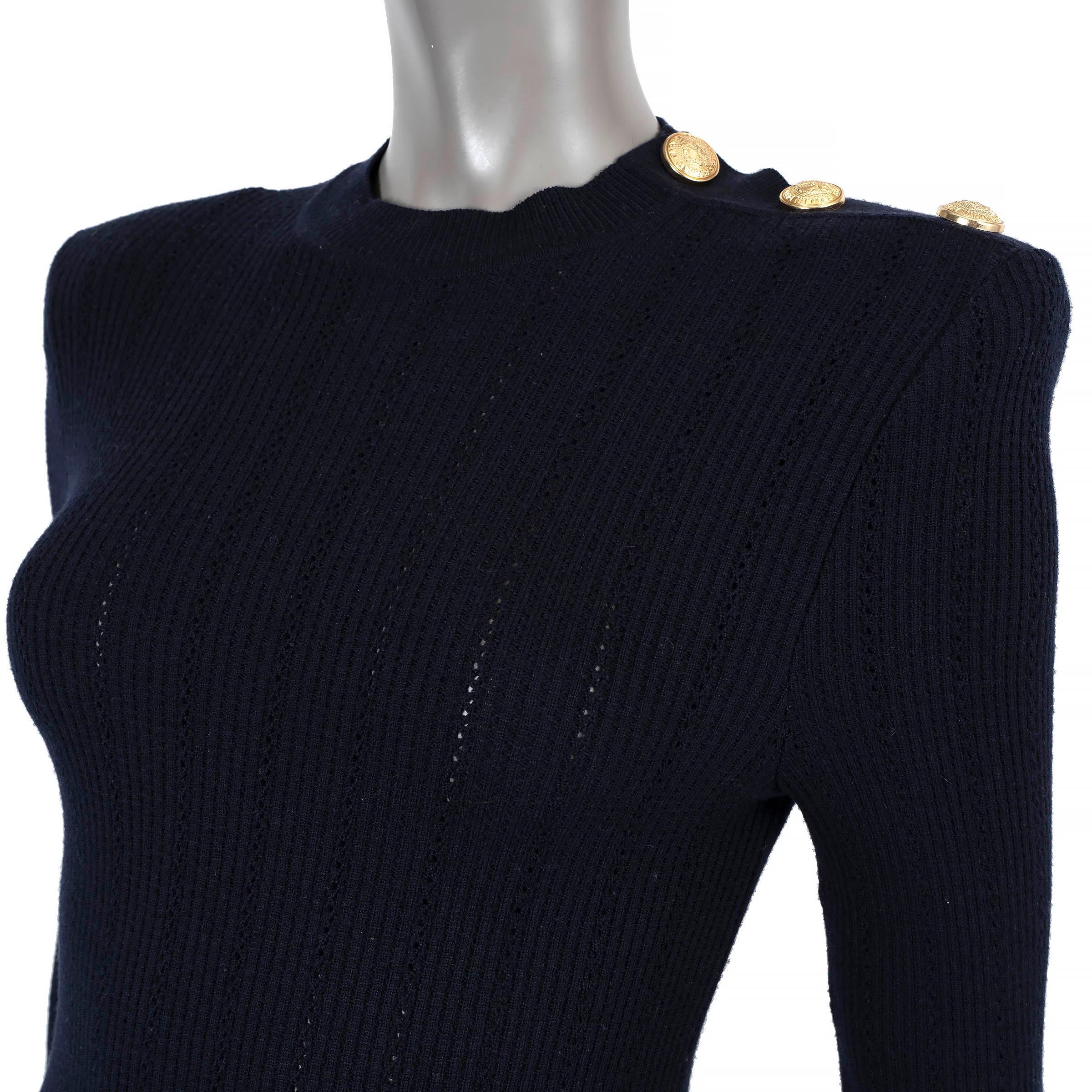 Women's BALMAIN midnight blue wool 2018 BUTTONED NECK RIB-KNIT Dress 38 S For Sale