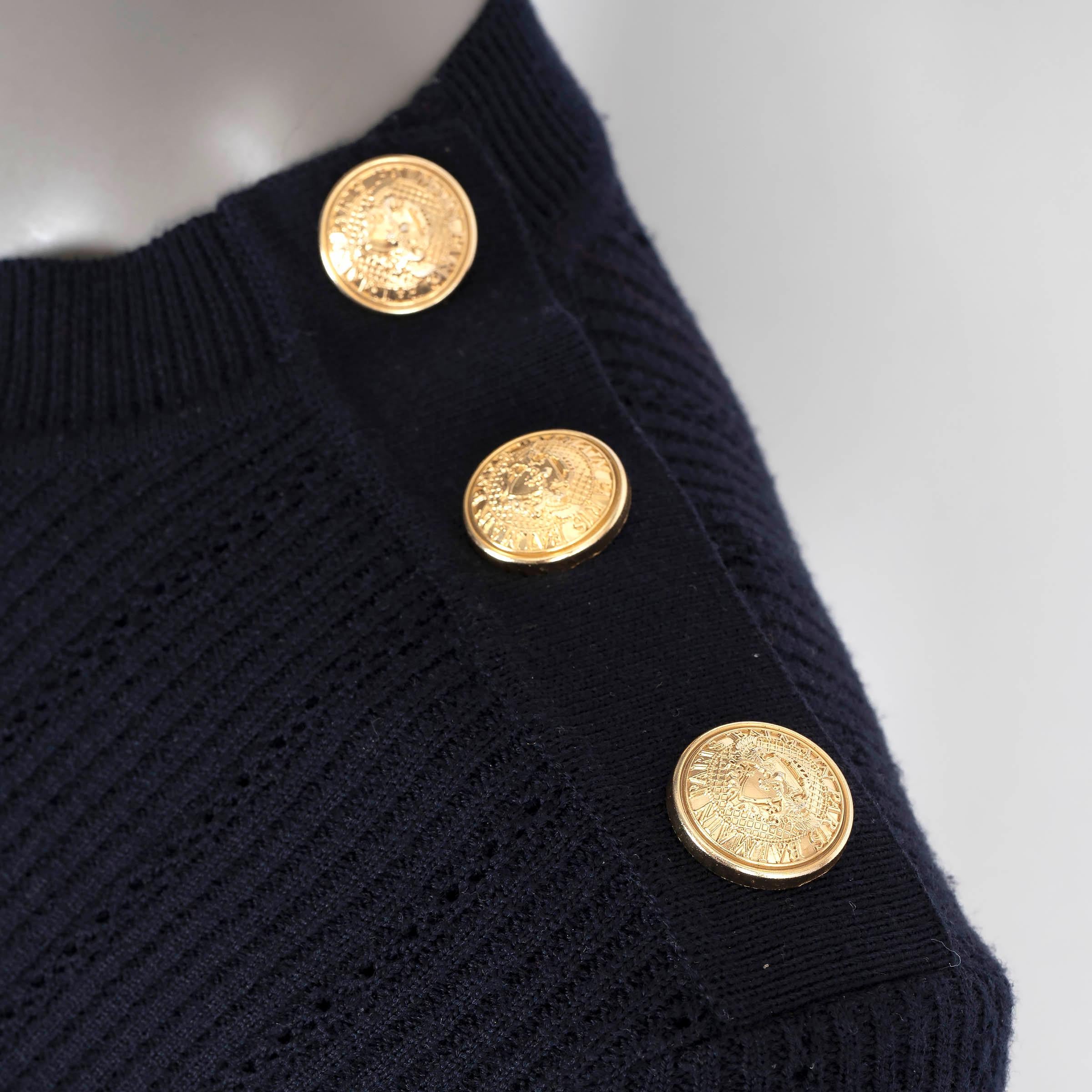 BALMAIN midnight blue wool 2018 BUTTONED NECK RIB-KNIT Dress 38 S For Sale 1