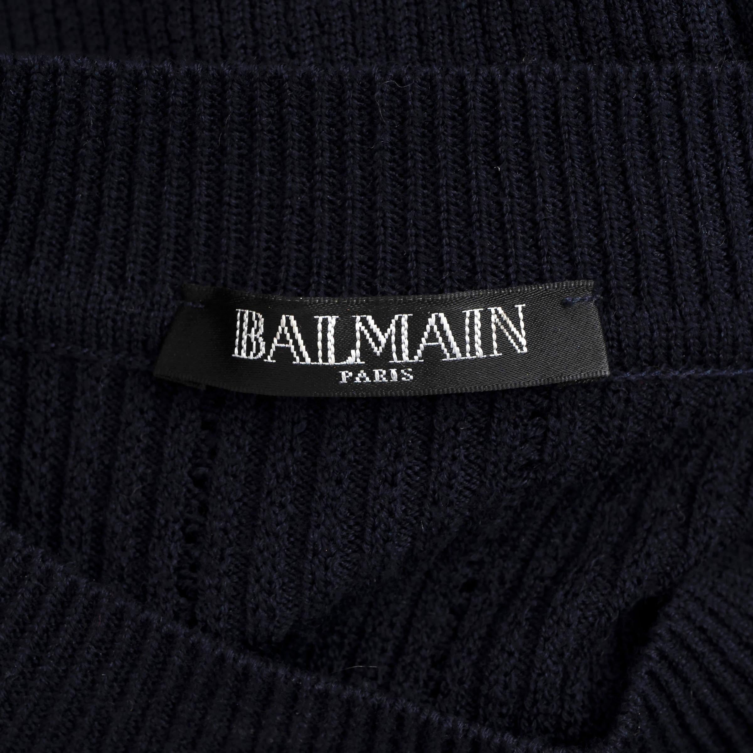 BALMAIN midnight blue wool 2018 BUTTONED NECK RIB-KNIT Dress 38 S For Sale 2
